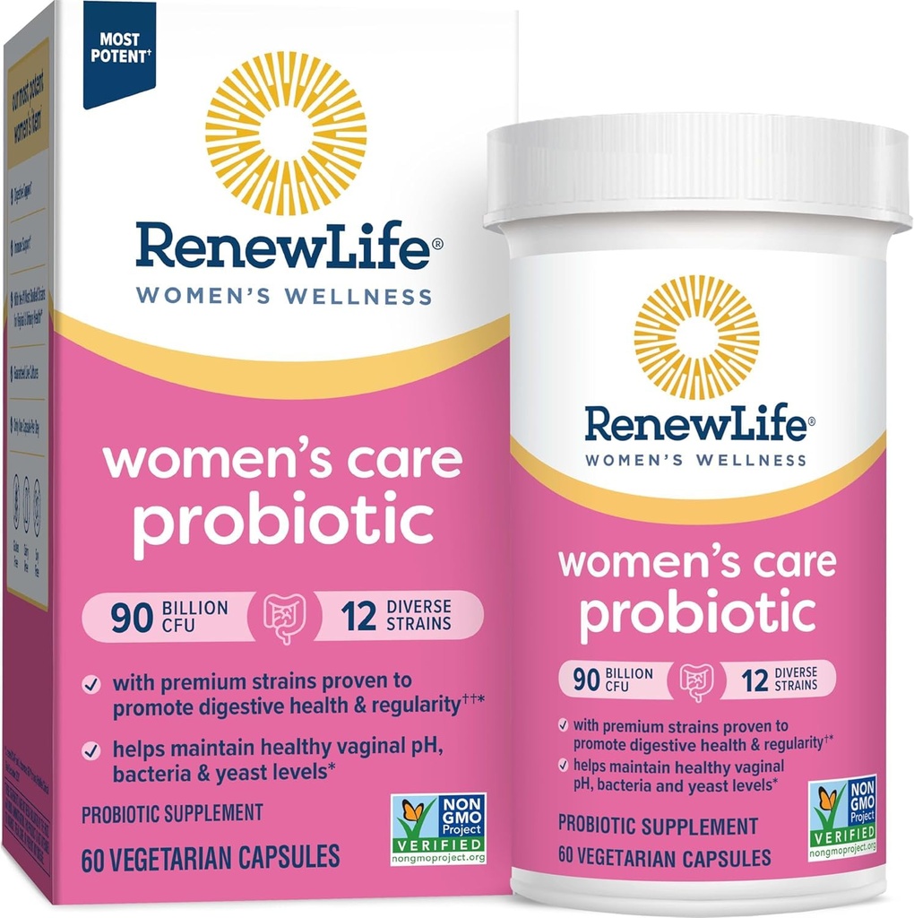 Renew Life Women's Probiotic Capsules, Supports pH Balance for Women, Vaginal, Urinary, Digestive and Immune Health, L. Rhamnosus GG, Dairy, Soy and Gluten-Free, 90 Billion CFU - 60 Ct