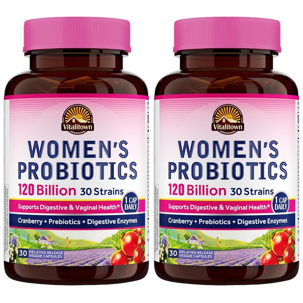 Vitalitown Probiotics for Women 120 Billion CFUs, 30 Strains, with Prebiotics & Digestive Enzymes & Cranberry, Gut & Vaginal Health, Vegan 60 (Pack of 2) Delayed Release Caps