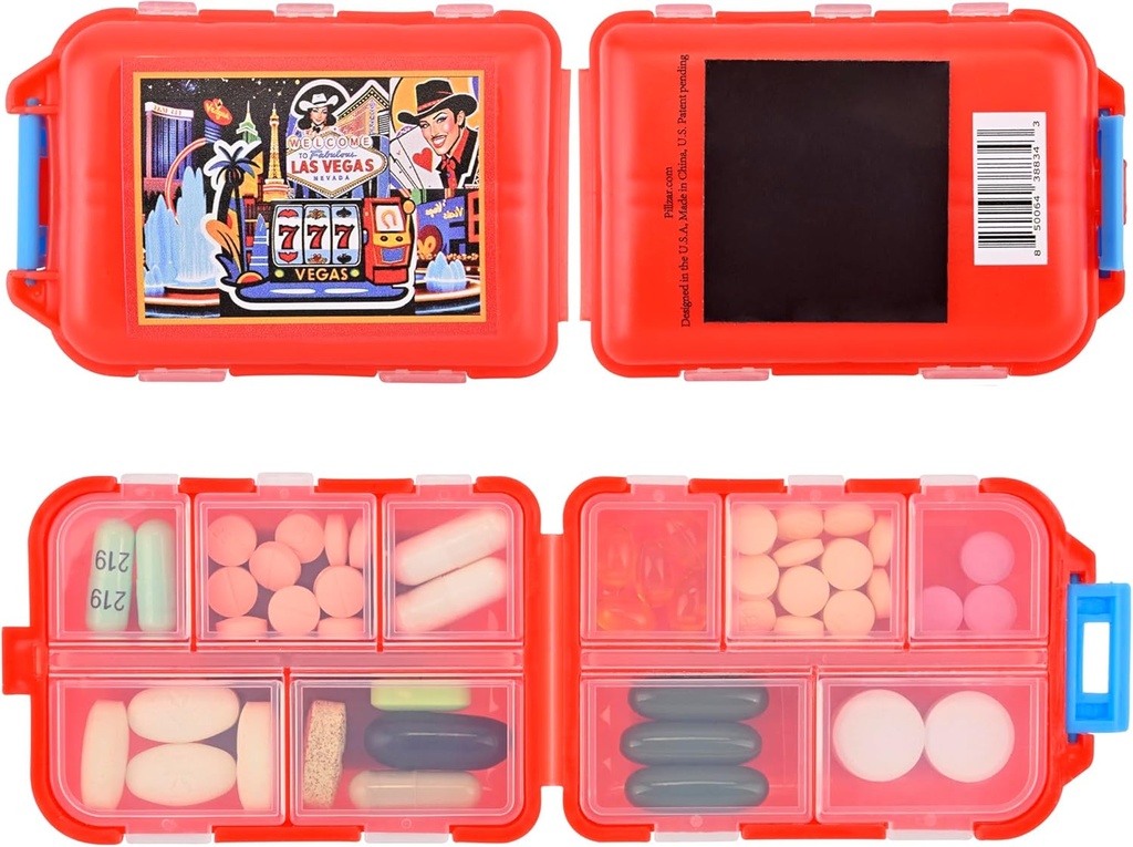 Las Vegas Fridge Magnet by Pillzar – Travel-Friendly Pill Box & Organizer with 10 Compartments, Holds Up to 50 Pills, Souvenir Gift, Collectible Magnetic Pill Case, 3.8” x 2.6”