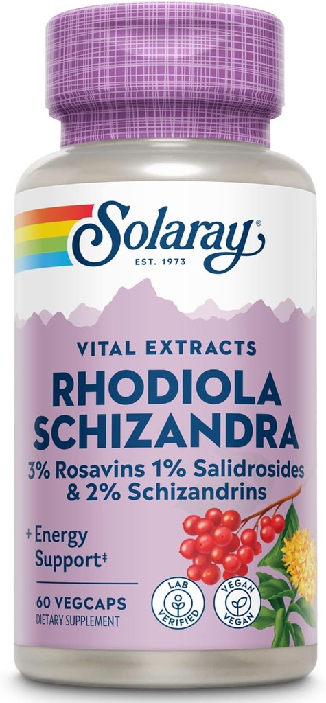 SOLARAY Rhodiola Schizandra - Rhodiola Rosea Extract - Ενεργειακή υποστήριξη και περιστασιακό άγχος συμπλήρωμα ανακούφισης - Vegan, Εργαστήριο Επαληθευμένο, 60 ημερών εγγύηση - 60 εξυπηρετούν, 60 VegCaps