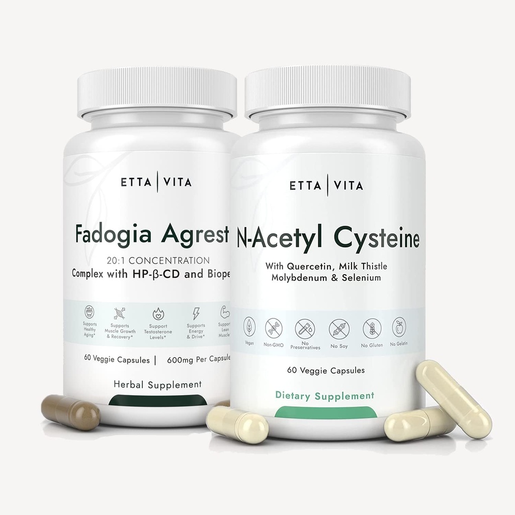 Etta Vita Fadogia Agrestis 600mg + N-Acetyl Cysteine 600mg Bundle, 3X Απορροφητικότητα με BioPerine & HP-β- CD σε Fadogia Agrestis, συμπλήρωμα NAC με Quercetin, Milk Thistle, Molybdenum & Selenium