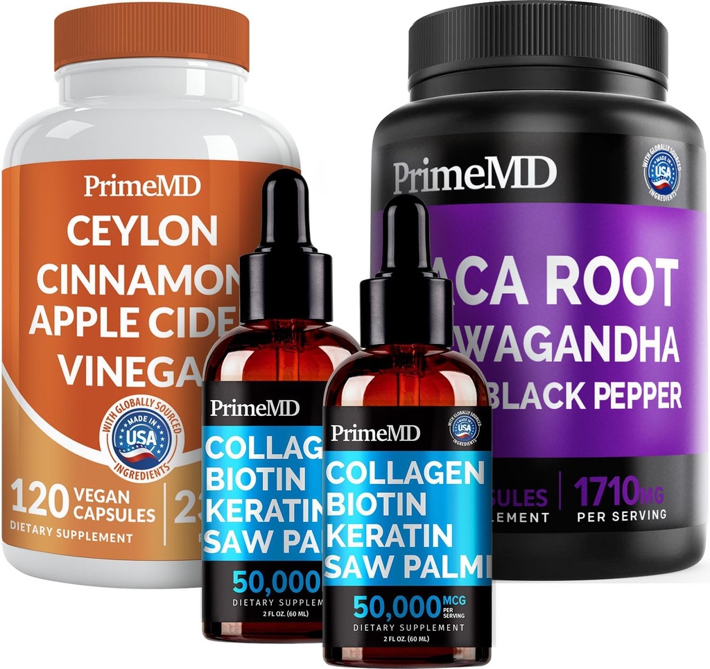 5-σε-1 Ceylon Κανέλα (120ct), 4-σε-1 Biotin Collagen Keratin Saw Palmetto (2 fl oz - 2 Pack) & 6-σε-1 Maca Root Ashwagandha (120ct) Bundle - Ενέργεια, Mood, Hair, Skin & Immune Supplement Υποστήριξης