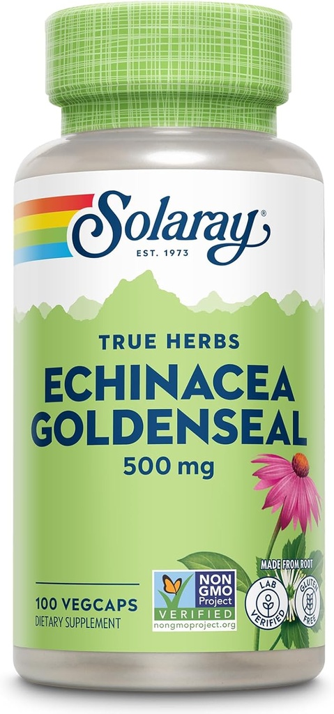 SOLARAY Echinacea Goldenseal - Ισχυρό μείγμα δύο βοτανικών συμπληρωμάτων για την υποστήριξη της ευεξίας - 250mg ρίζα Ea Echinacea και Goldenseal Root - μη ΓΤΟ, Vegan, χωρίς γλουτένη, 60-ημέρα εγγύηση, 100 υπηρεσίες