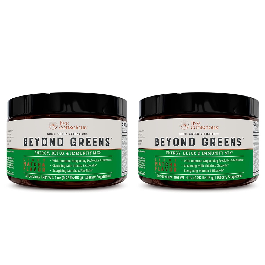 Live Conscious Beyond Greens Συμπυκνωμένη Superfood σκόνη - Matcha Flavor w/Chlorella, Echinacea, Προβιοτικά για την ανοσοποιητική υποστήριξη & ενέργεια - 30 εξυπηρετήσεις (2-Pack)
