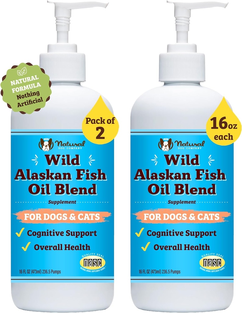 Natural Dog Company 2 Pack - 16 oz. Άγριο ιχθυέλαιο Αλάσκας για σκύλους & γάτες, ανάμειξη Pollock & άγριο λάδι σολομού για σκύλους, Ωμέγα 3 για σκύλους, για πολυ οικογένειες σκύλων, μεγάλα σκυλιά φυλής, 32 oz. Τιμή
