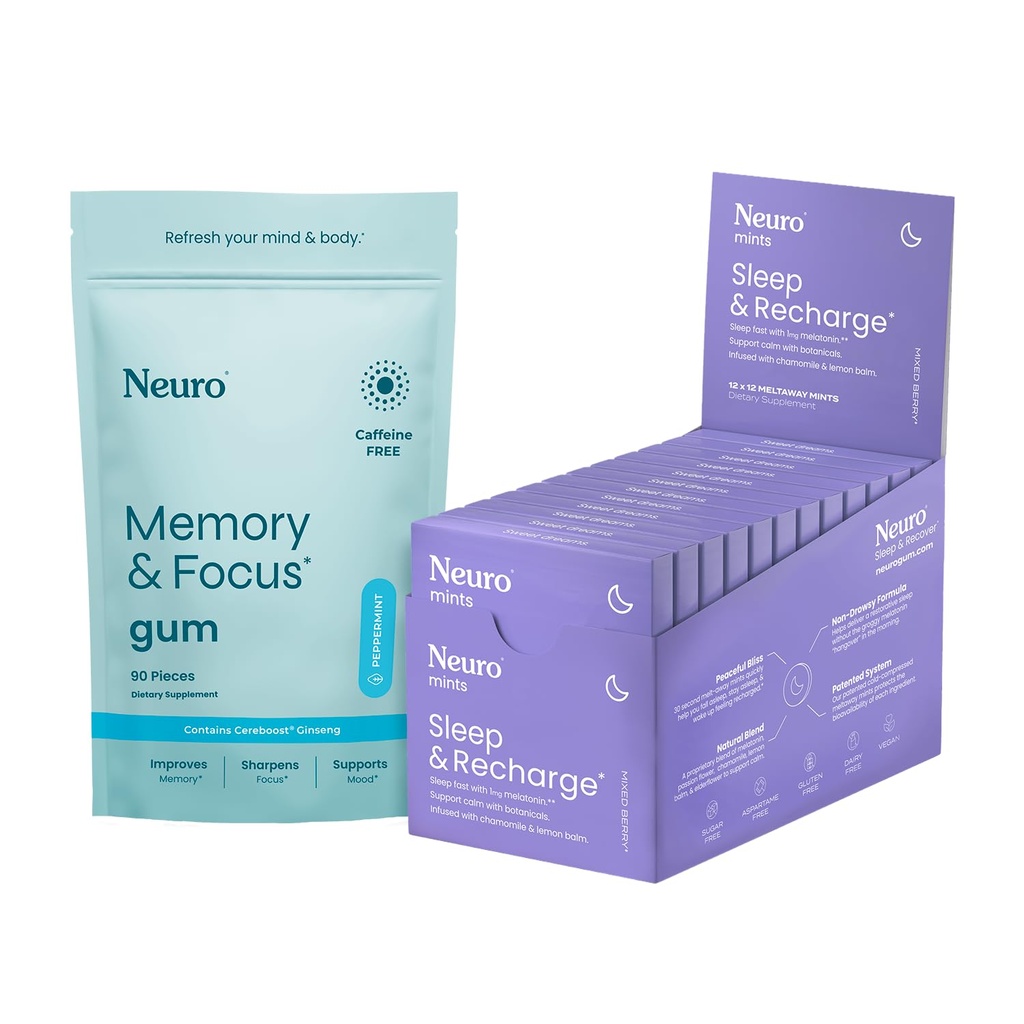 Neuro Memory & Focus + Sleep & Recharge Set – Memory & Focus Gum (Peppermint, 90 Pieces) + Melatonin 1mg Sleep & Recharge Mints (Mixed Berry, 144 Pieces) – Cognitive Support & Rest Aid Supplements
