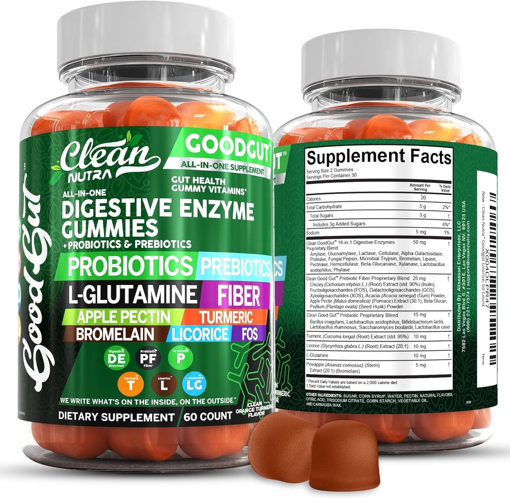 Clean Nutraceuticals Digestive Ένζυμα με προβιοτικά & προβιοτικά για Digestive Health Gummies & L-Glutamine για την υγεία των ούρων Bromelain Apple Pectin Inulin FOS Plant Based Vegan Gummy Vitamins