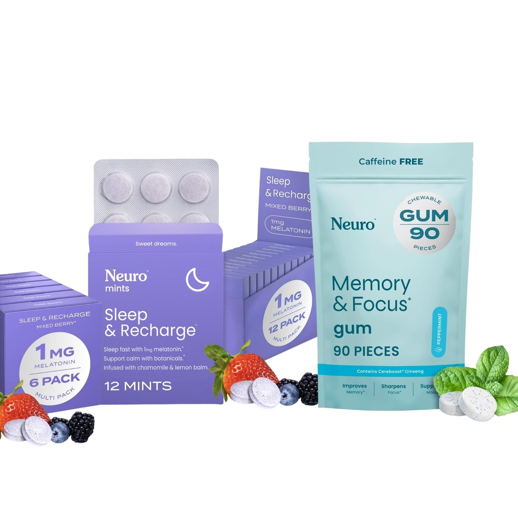 Neuro Sleep & Memory Support Bundle – Memory & Focus Nootropic Gum (90), & Sleep & Recharge Melatonin Mints Chamomile (72), (144)