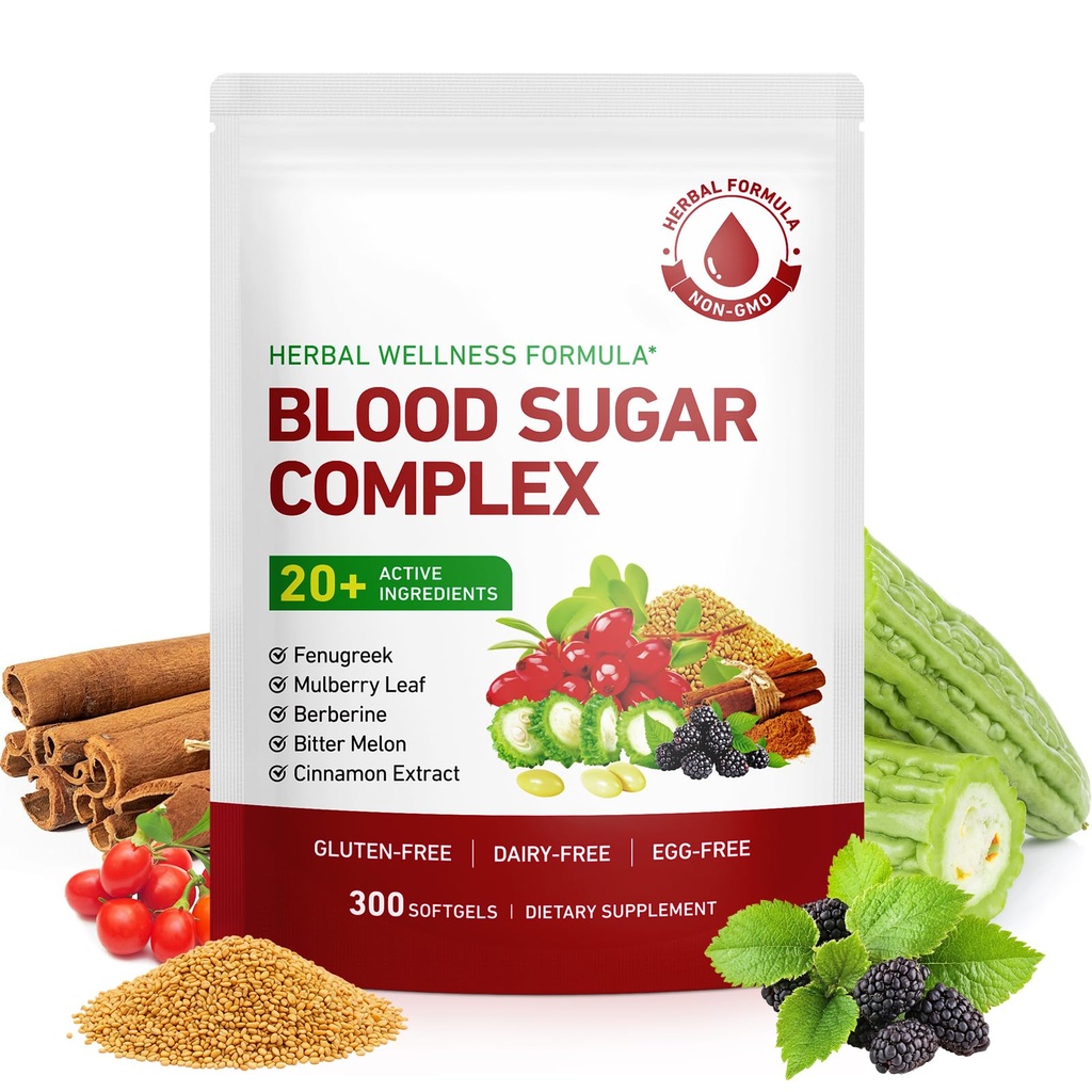 Blood Sugar Complex Support – 20+ Herbal Ingredients with Cinnamon, Berberine, Bitter Melon & Mulberry Leaf – Metabolism & Energy Wellness Formula – 300 Capsules (100-Day Supply)