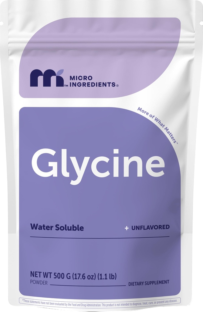 Micro Ingredients Glycine Powder, 500 g (1.1 Pounds), Glycine 1000mg Per Serving, Water Soluble