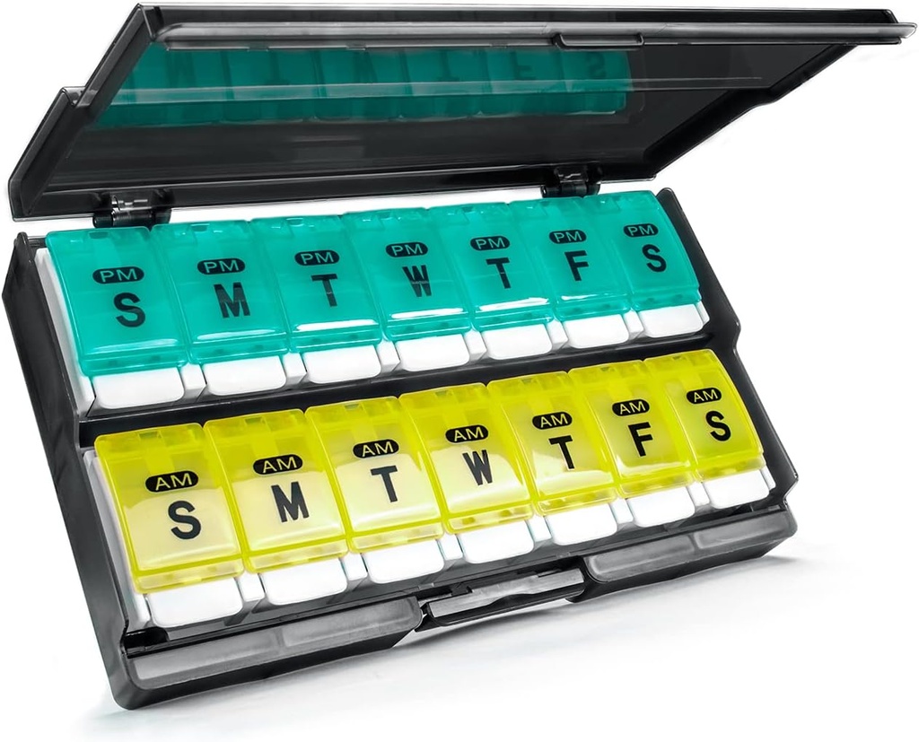 Extra Large Weekly Pill Organizer 2 φορές την ημέρα - Remtise Am/Pm Daily Pill Case Organizer, Push Button 7 Day Pill Box για χάπια / Vitamin / Cod Liver Oil / Συμπληρώματα (κυανό & κίτρινο)