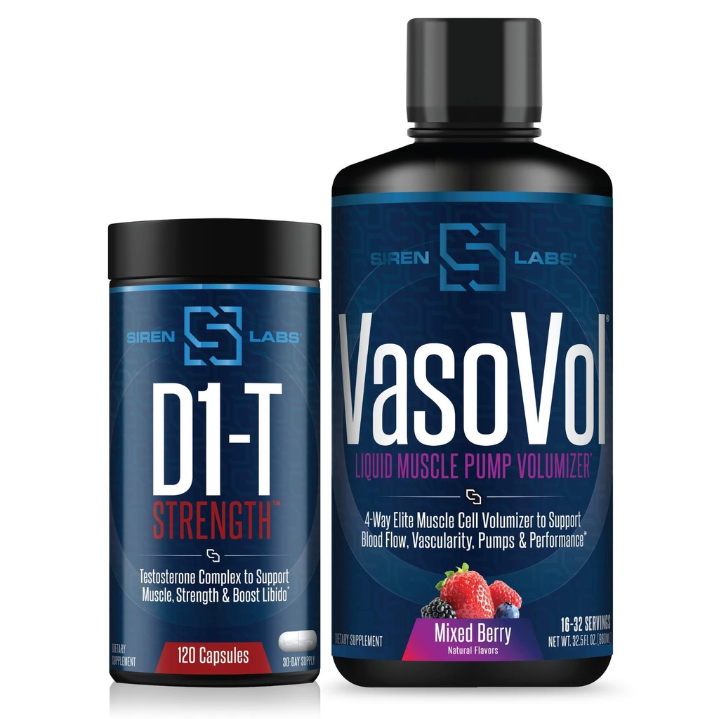 Siren Labs D1-T Strength Monster Muscle (120 Capsules) & Siren Labs Vaso-VOL Liquid Muscle Pump Volumizer (Mixed Berry)