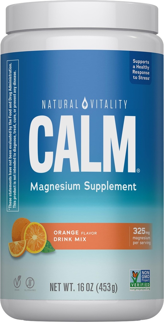 Natural Vitality Calm, Magnesium Citrate Supplement, Anti-Stress Drink Mix Powder, Gluten Free, Vegan, & Non-GMO, Orange, 16 oz