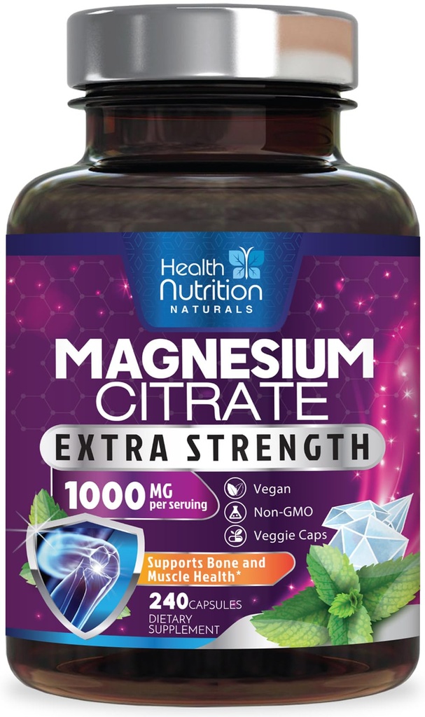 Magnesium Citrate 1000mg Per Serving - Max Absorption Magnesium Powder Capsules for Muscle, Nerve, Bone and Heart Health Support, High Absorption Citrate Complex, Gluten Free, Non-GMO - 240 Capsules