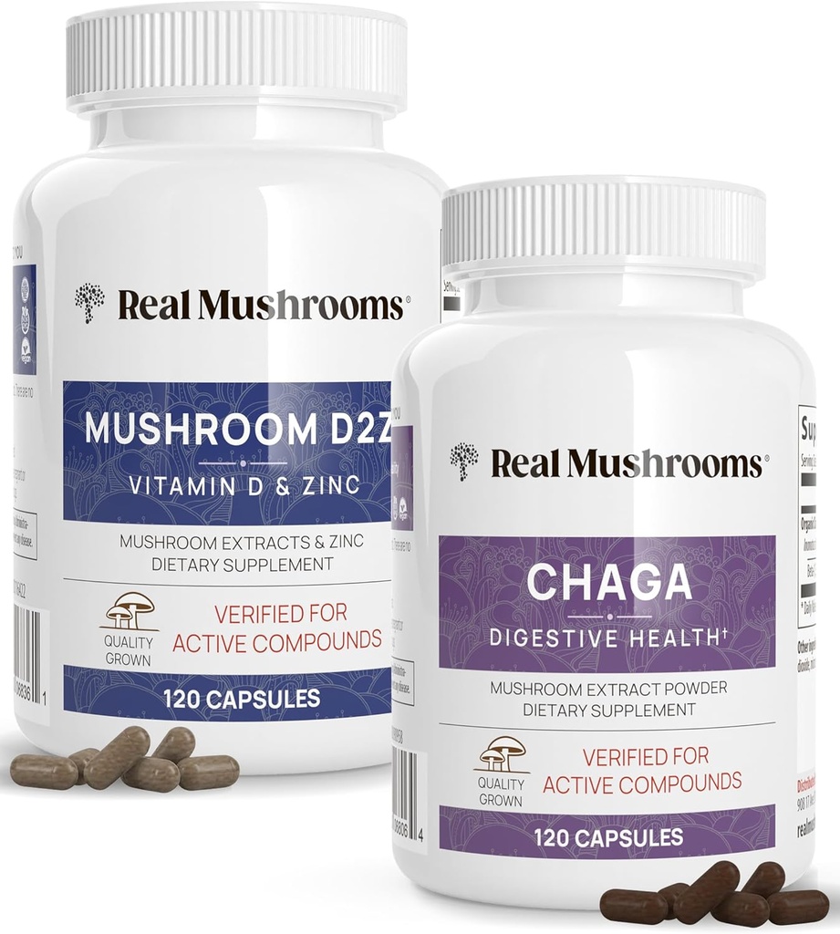 Real Mushrooms Vitamin D2, Zinc (120ct) and Chaga (120ct) with Reishi Bundle - Φυσική Υποστήριξη για την Ανοσολογική Δύναμη και Πεποίθησή Υγεία - Vegan, Χωρίς Γλουτένη, Μη ΓΤΟ, Βιολογικά Εκχυλίσματα Μανιταριών