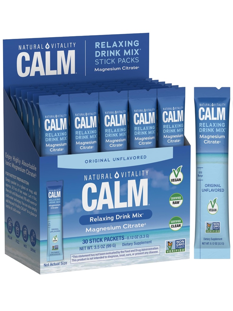 Natural Vitality Calm Magnesium Stick Packets | Relaxing Drink Mix Powder | On-The-Go Pouches | Gluten & Sugar-Free | 255mg Per Serving | 30 Count