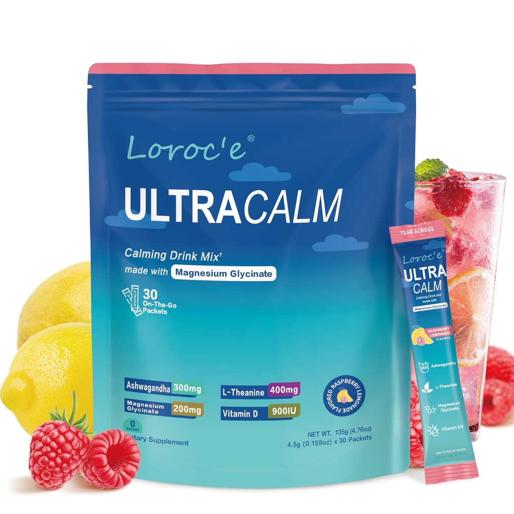UltraCalm Super Cortisol Drink with Magnesium Glycinate, Ashwagandha, L-Theanine, Vitamin D3, Magnesium Powder for Sleep & Stress Relief, Raspberry Lemonade (30 Servings)