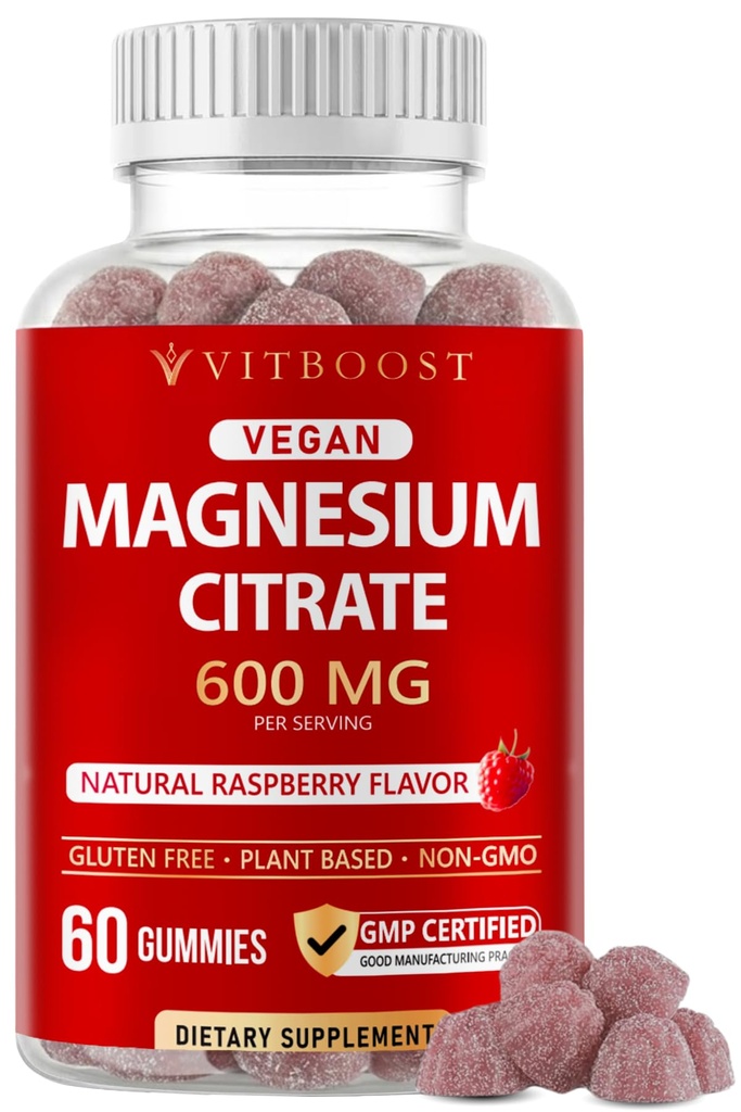 Vitboost Magnesium Citrate Gummies 600mg - 60 Count Vegan Magnesium Gummies for Relaxation & Muscle Support - Natural Raspberry Flavor - Non-GMO, Gluten Free, Plant Based