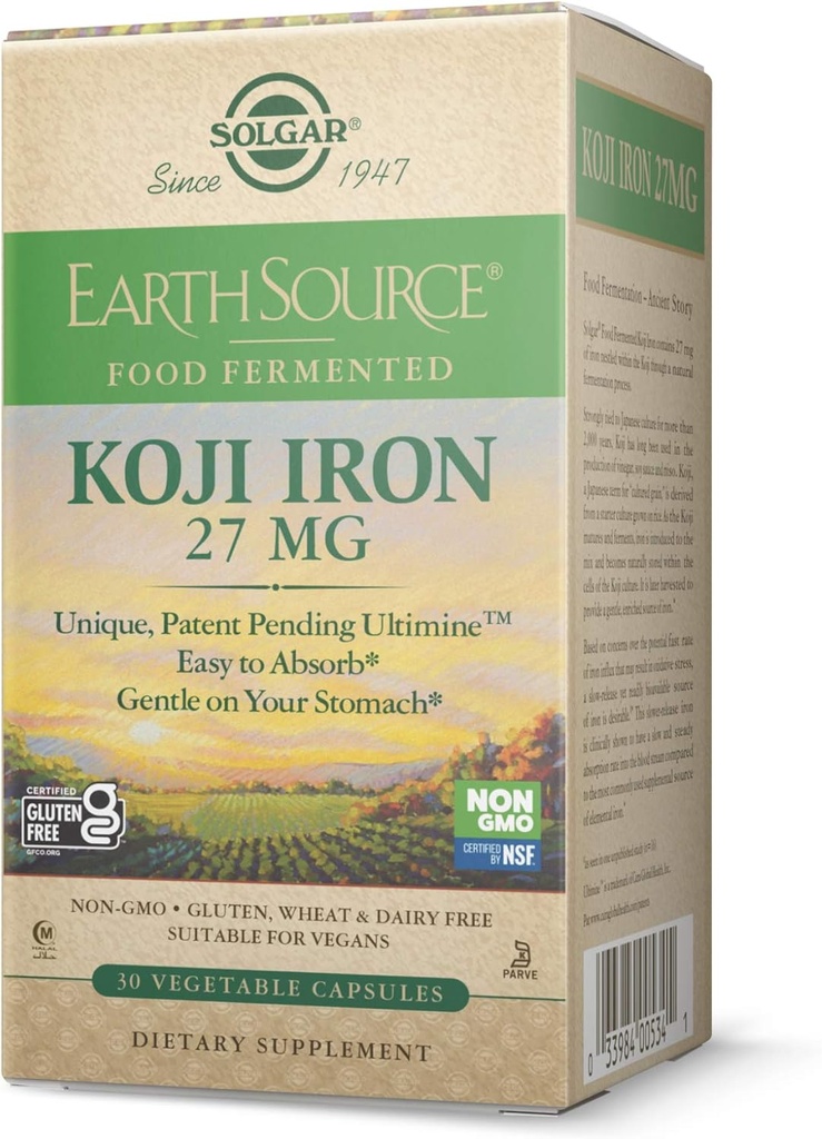 Solgar Earth Source Food Fermented Koji Iron 27mg, 30 κάψουλες λαχανικών - Υψηλότερη απορρόφηση, αργός-απελευθερωμένος σίδηρος - Απαλό στο στομάχι - μη-GMO, Vegan, χωρίς γλουτένη, χωρίς γαλακτοκομικά, Kosher - 30 εξυπηρετούν