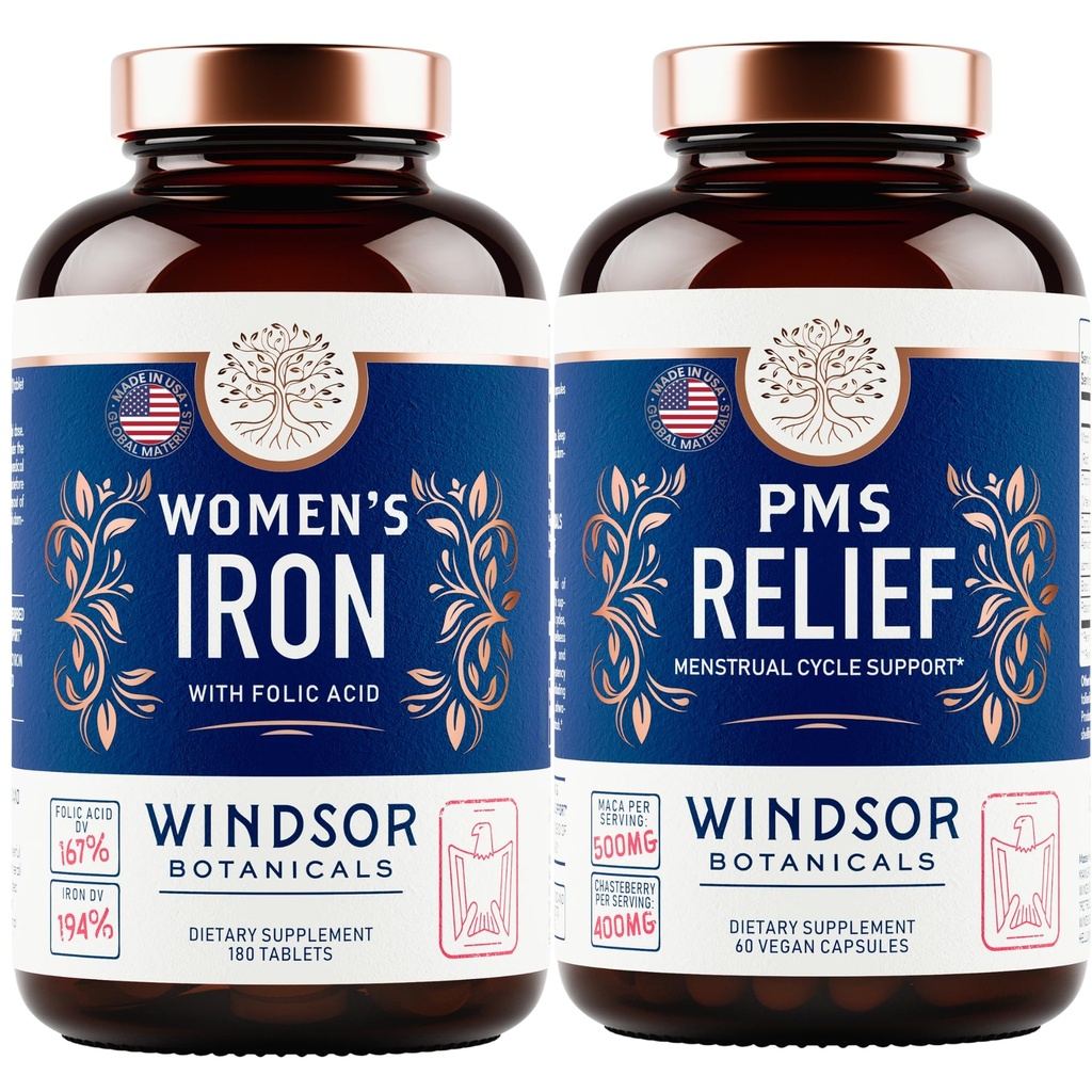 WINDSOR BOTANICALS Iron Supplement and PMS Relief Bundle for Women
