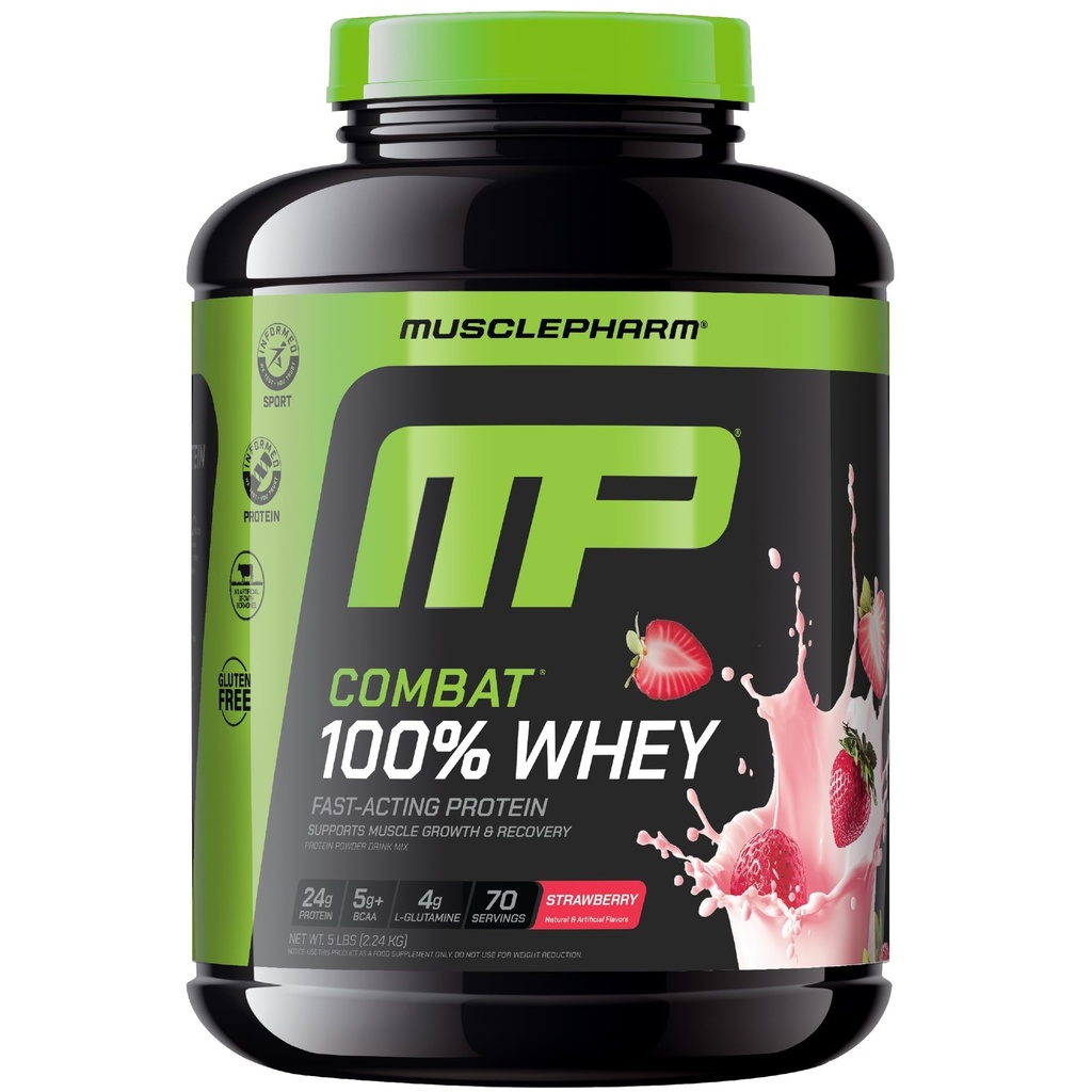 Muspharm Combat 100% Whey Protein Powder, Strawberry Cream Flavor, Fast Recovery & Myster Gain with Whey Protein Isolate, High Protein Powder for Women & Men, Gluten Free, 5 lb, 70 Servings