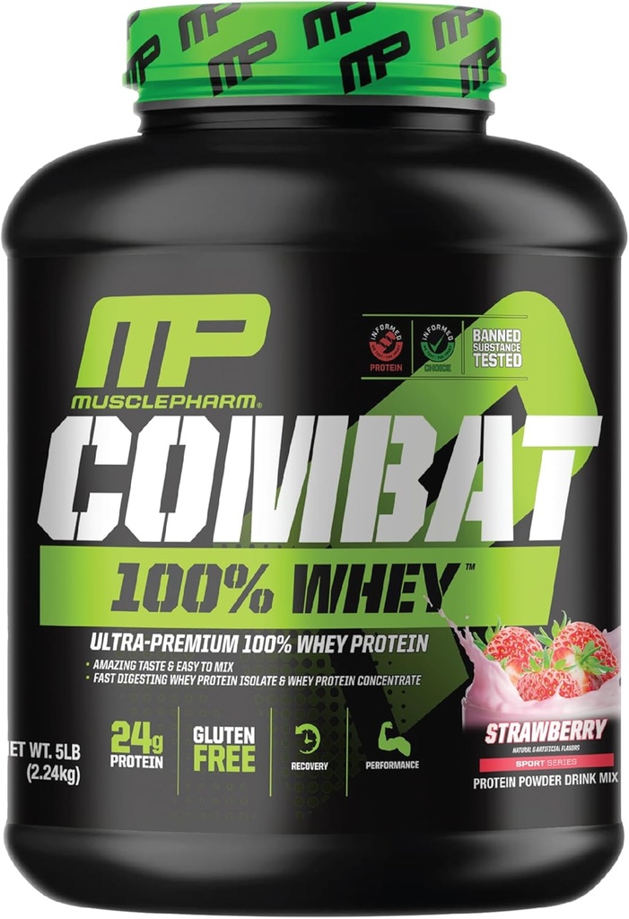 Muspharm Combat 100% Whey Protein Powder, Strawberry Cream Flavor, Fast Recovery & Myster Gain with Whey Protein Isolate, High Protein Powder for Women & Men, Gluten Free, 5 lb, 70 Servings
