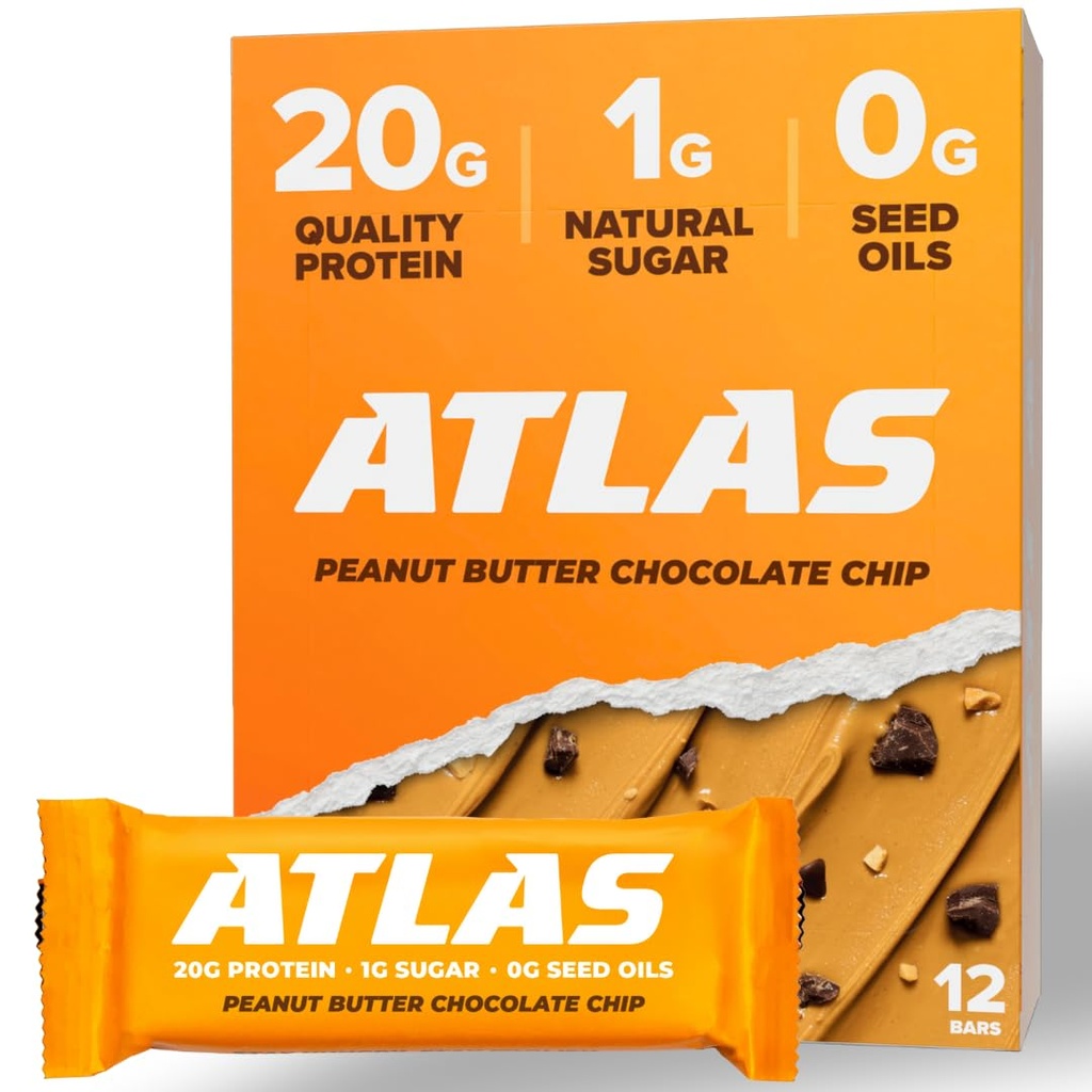 Atlas Bar – 20g Πρωτεΐνη, 1g Ζάχαρη, 0g Λάδια σπόρων, 0g Τεχνητά γλυκαντικά (Peanut Butter Chocolate Chip, 12 Count)