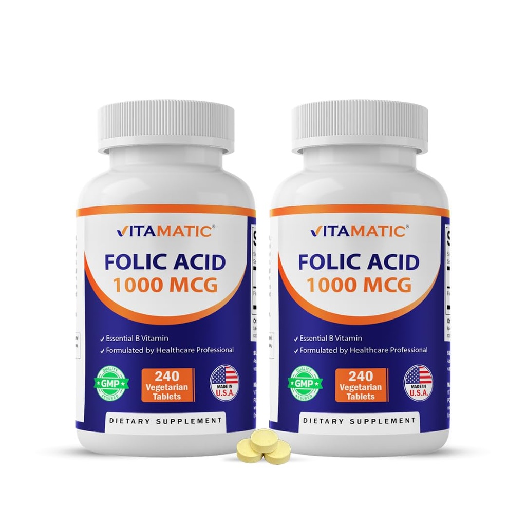 Vitamatic Folic Acid 1000 mcg (1 mg) – 240 Vegetarian Tablets (Pack of 2) 1667 mcg DFE – Βιταμίνη B9 για την προγεννητική, καρδιακή και κυτταρική υγεία