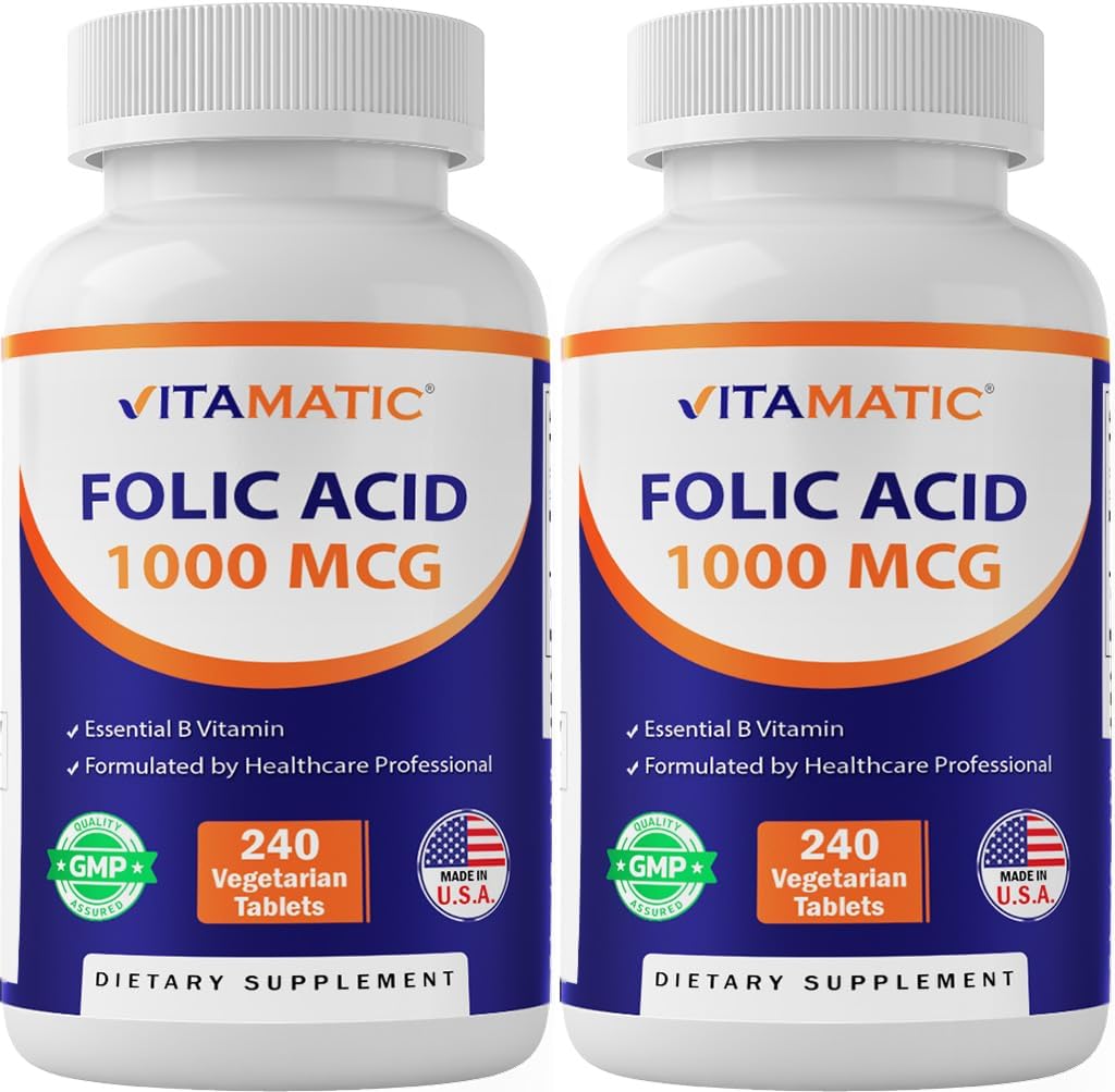 Vitamatic Folic Acid 1000 mcg (1 mg) – 240 Vegetarian Tablets (Pack of 2) 1667 mcg DFE – Vitamin B9 for Prenatal, Heart & Cellular Health