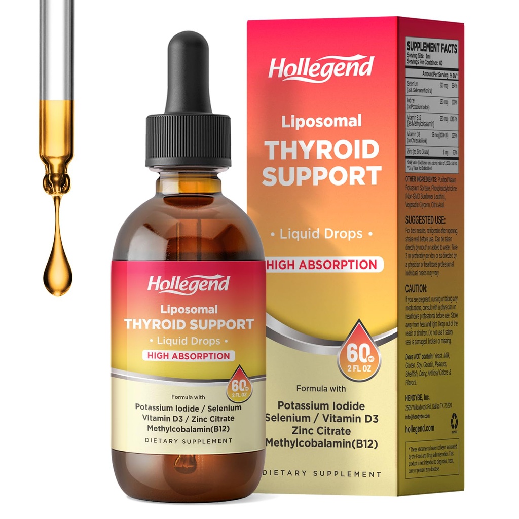 Liposomal Liquid Thyroid Support for Women Drops, Selenium & Iodine Supplement for Immune & Overall Support, with Vitamin D3 & B12, Zinc Citrate, 60 Servings