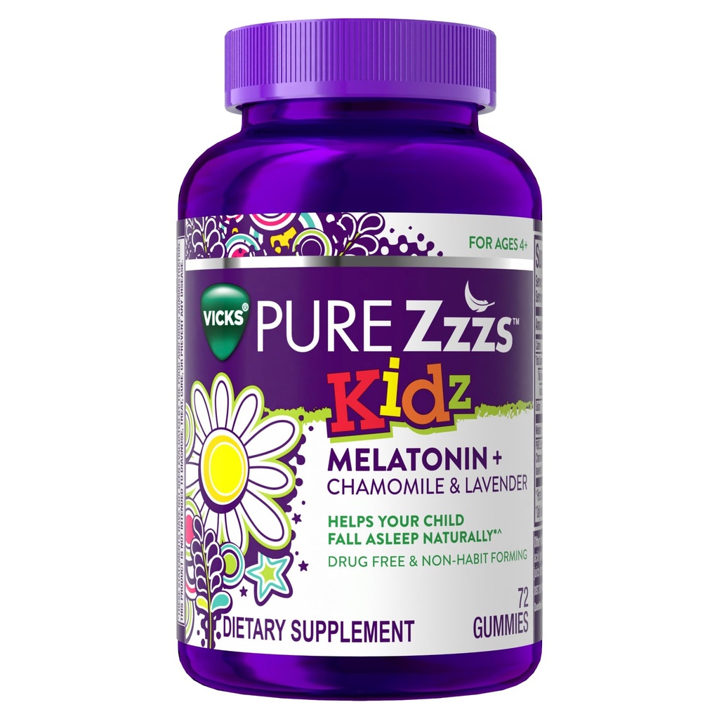 PURE Zzzs Kids, Kids Melatonin Gummy, Sleep Aid, χαμηλή ποσότητα μελατονίνης για παιδιά, με χαμομήλι και λεβάντα, μελατονίνη 1 mg, μελατονίνη Gummies Παιδιά, μούρο Γεύση, 72 Gummys ύπνου