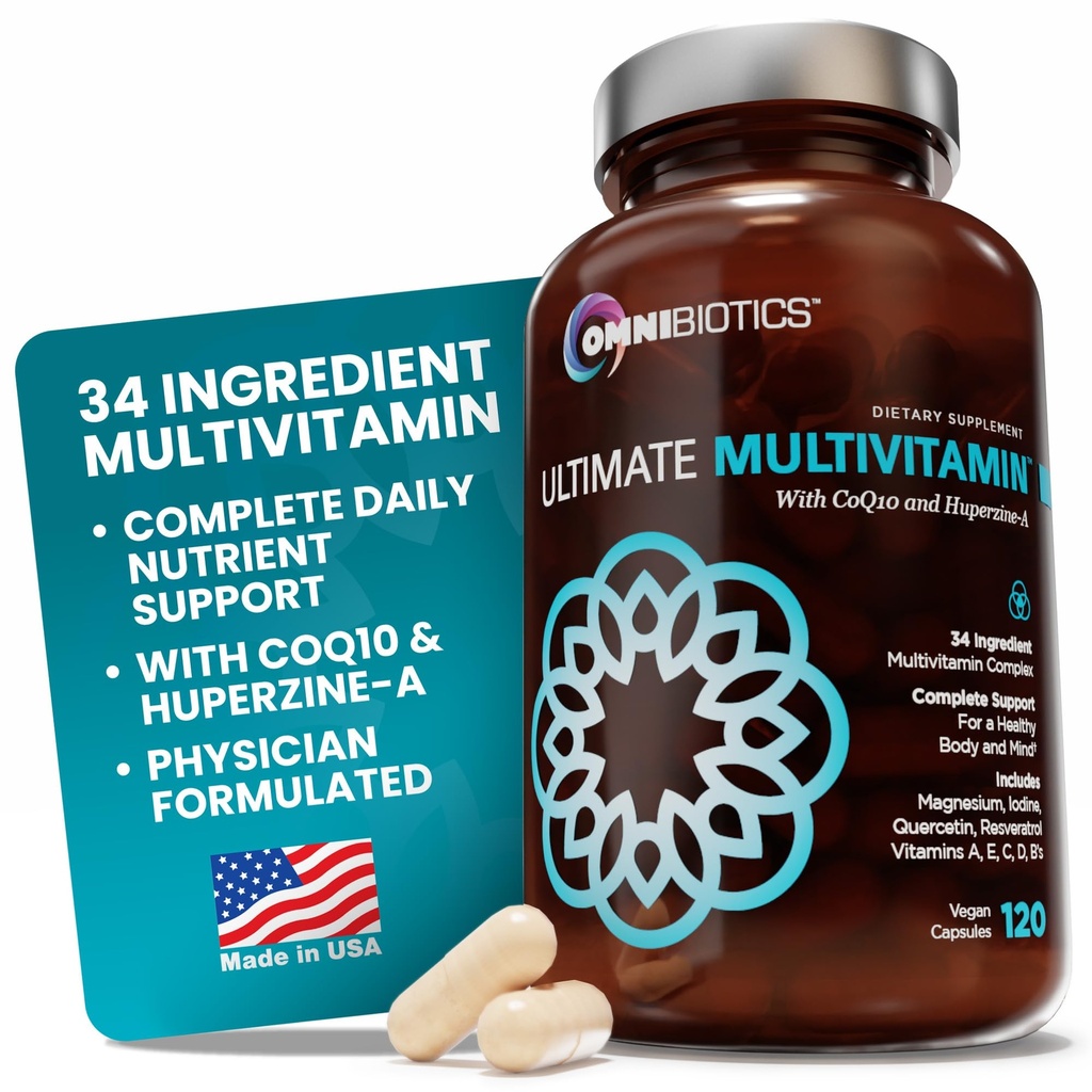 OmniBiotics Ultimate Daily Multivitamin για γυναίκες & άνδρες – 34 Βασικά συστατικά Συμπεριλαμβάνονται η βιταμίνη Α, C, D, E, B6, B12, Βιοτίνη, ψευδάργυρος – 120 κάψουλες Vegan