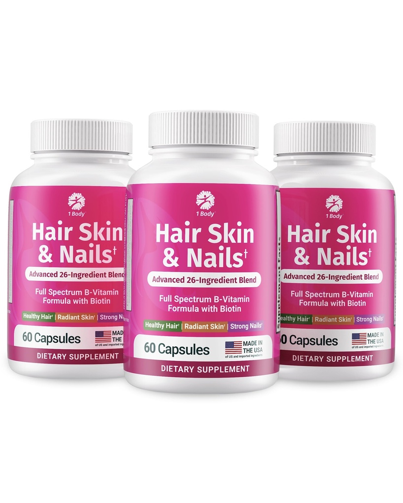 1 Body Hair Skin Nails Vitamin Complex με Biotin - Complete Formula με 26 βασικές βιταμίνες για άνδρες και γυναίκες - 3 Pack