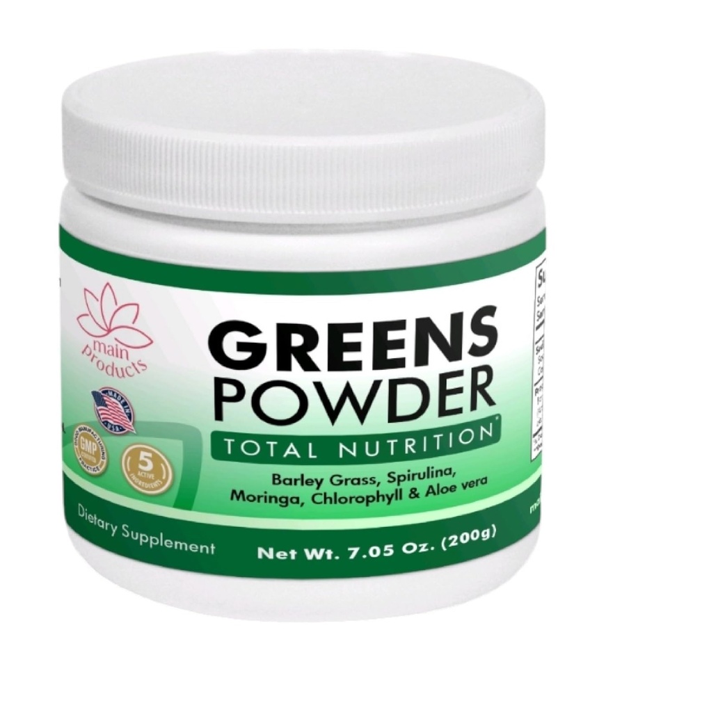 Greens Powder Total Nutrition, Net Wt 7.05 Oz (200g) Barley Grass, Spirulina, Moringa, Chlorophyll and Aloe Vera.