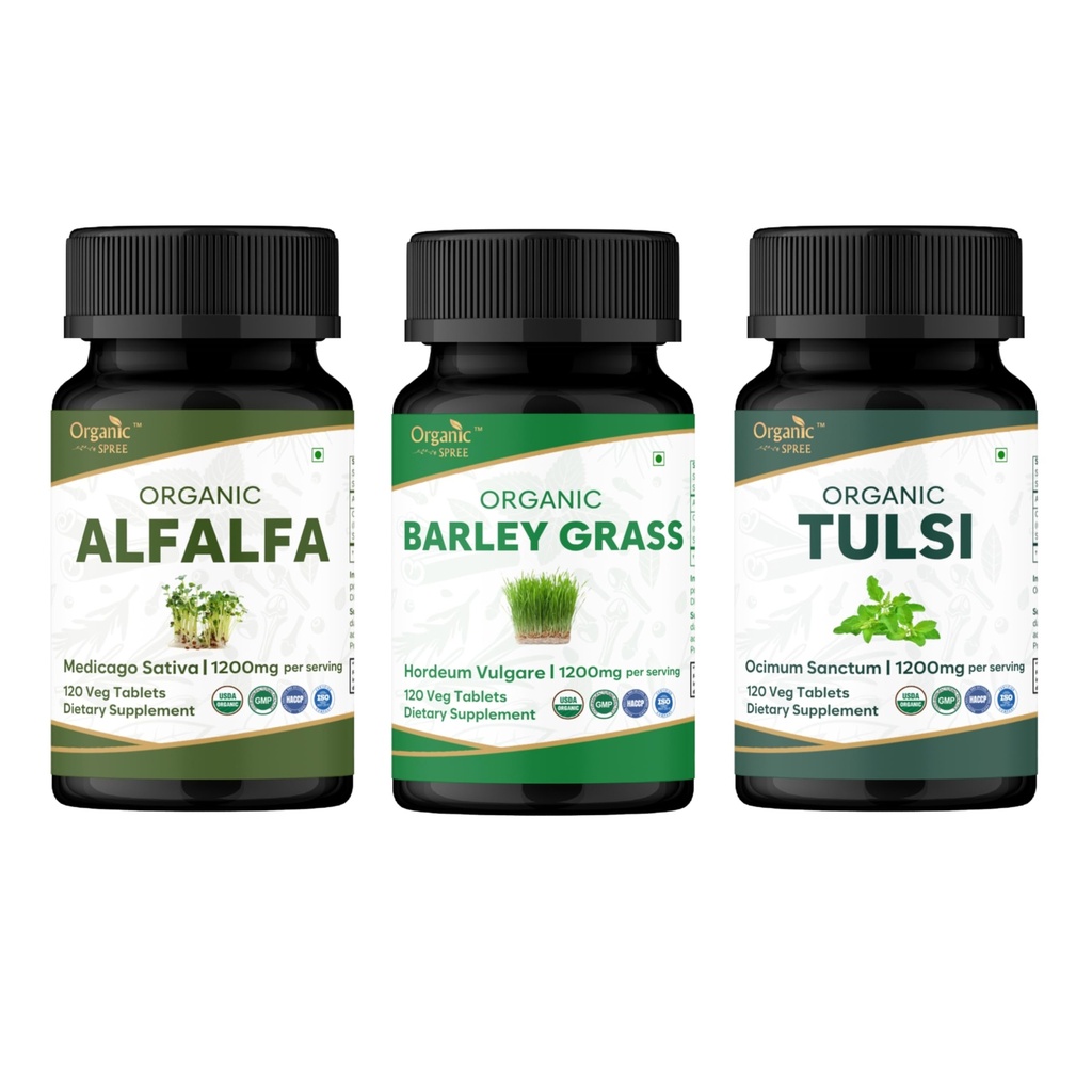 ORGANIC SPREE Alfalfa, Barley Grass & Tulsi Supplement – 120 Tablets Each – USDA Organic Medicago Sativa, Hordeum Vulgare & Holy Basil*