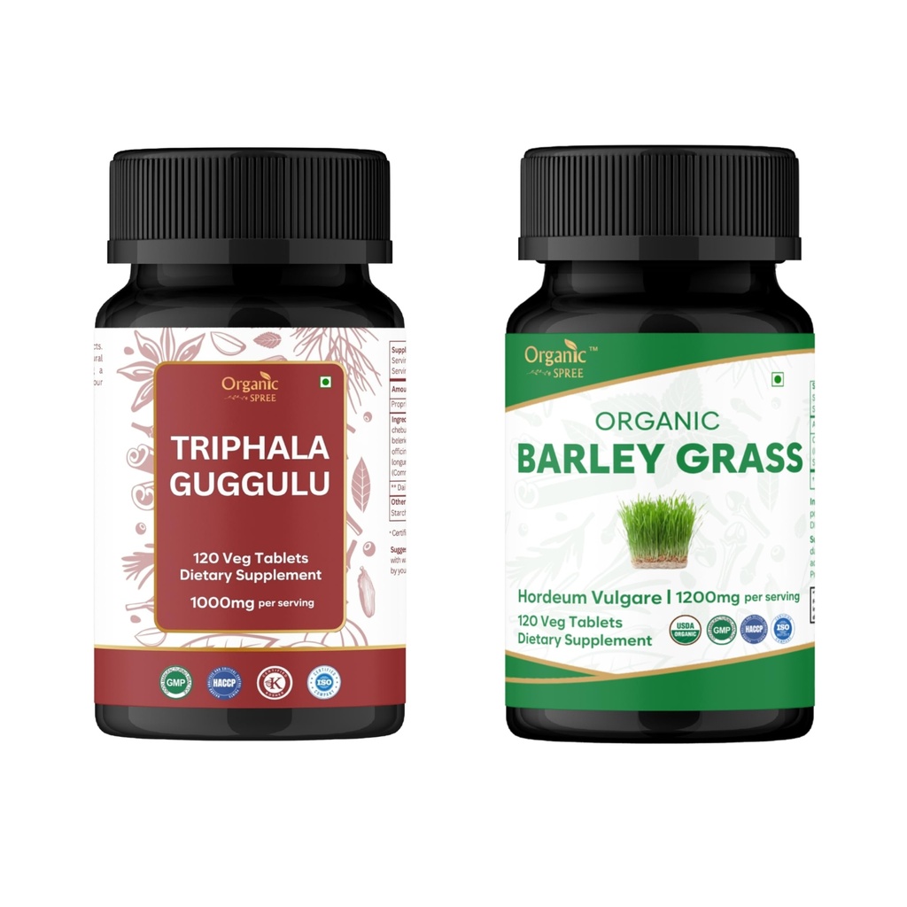 ORGANIC SPREE Triphala Guggulu & Barley Grass – 120 Tablets Each – Ayurvedic Digestive Support & USDA Organic Hordeum Vulgare for Detox