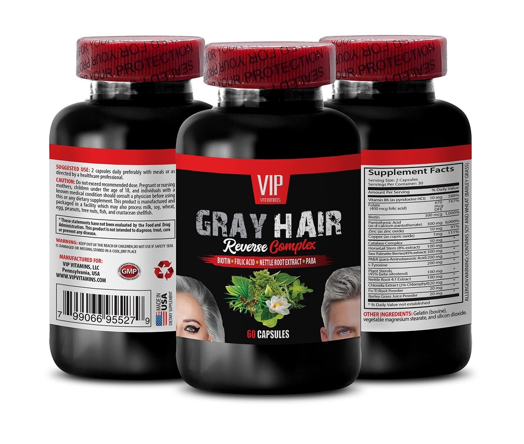 Saw Palmetto Berries - Gray Hair Reverse Complex - PABA, Stinging Nettle Root, Fo-Ti Root Powder, Barley Grass Juice Powder, Vitamin B-6, Folate, Biotin, Catalase Complex 1 Bottle 60 Capsules