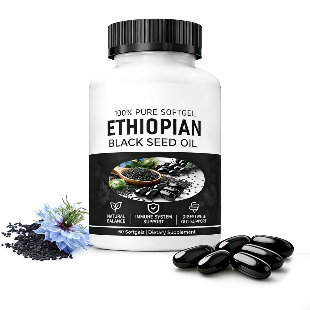 Black Seed Oil,Ethiopian Black Seed Oil Capsules with 4.64% Thymoquinone, Organic Cold-Pressed, 60 Softgels, Non-GMO, Gluten-Free(60 Capsules)