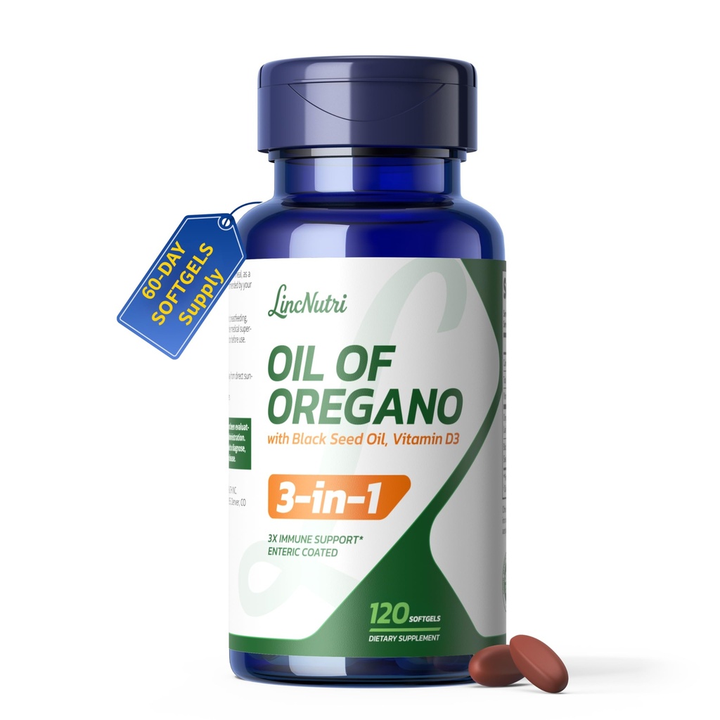 Oil of Oregano with Black Seed Oil & Vitamin D3 — 165mg Carvacrol,Enteric-Coated Softgels for Immune, Digestive & Seasonal Support*,120 Softgels,60-Day Supply,Non-GMO,Gluten-Free,Soy-Free