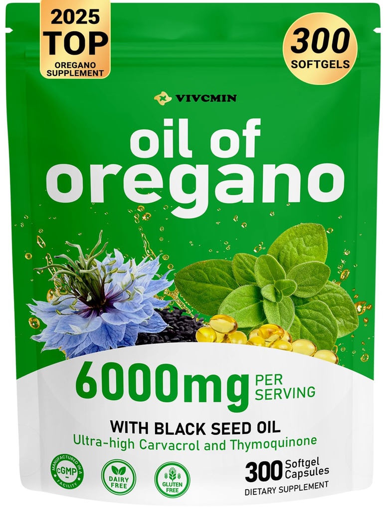 vivcmin Oregano Oil, 300 Softgels, 150 Days Supply - 6000mg Oil of Oregano with Black Seed Oil for Immune & Digestive Support, aceite de Oregano with High Carvacrol & Thymoquinone, Non-GMO