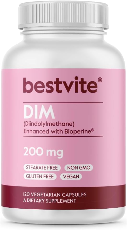 BESTVITE DIM (Diindolylmethane) 200mg with Bioperine (120 Vegetarian Capsules) - No Stearates - Vegan - Non GMO - Gluten Free