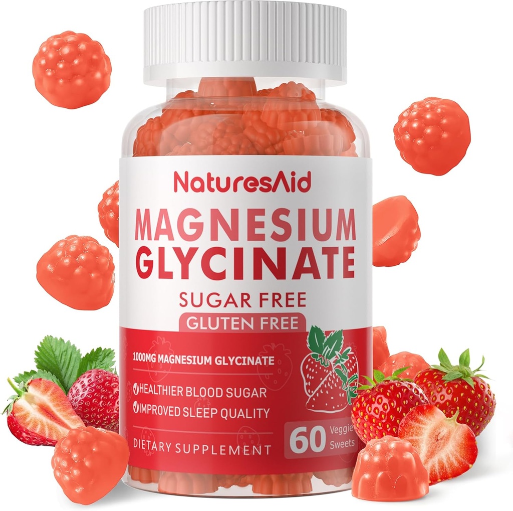Μαγνήσιο Γλυκινικό Gummies 1000mg - Συμπλήρωμα μαγνησίου χωρίς ζάχαρη με βιταμίνη D, B6, CoQ10 για υποστήριξη ηρεμίας & ύπνου - 60 Gummies Φράουλα -1 Pack