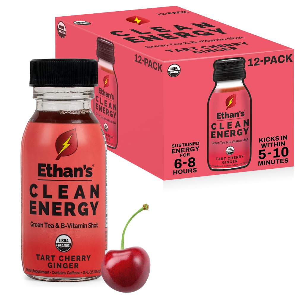 Ethan's Organic Clean Energy Shots Tart Cherry Ginger, 12 Pack of 2oz | 150mg Caffeine | Green Tea, Guayusa, Lion's Mane & Cordyceps | Sugar-Free, Vegan, Gluten-Free, USDA Organic