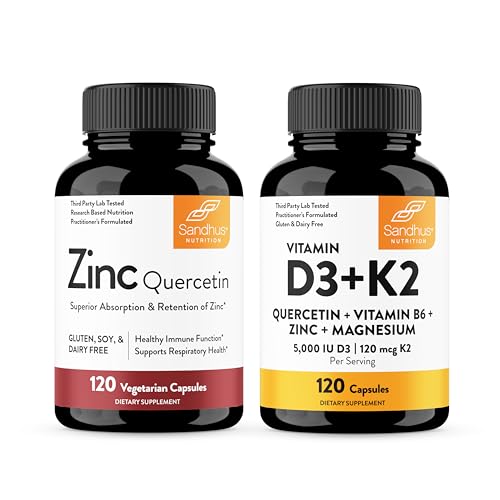 Sandhu's Zinc Quercetin & Vitamin D3 K2 Capsules (120 Count Each) | Supports Immune, Energy, Skin & Muscle Health