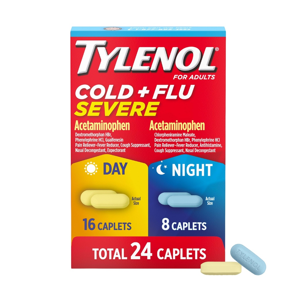 Tylenol Cold + Flu Severe Day & Night Caplets Combo Pack for Multi-Symptom Cold & Flu Symptom Relief, Cough, Sore Throat, and Headache Relief, Acetaminophen Pain Reliever, 24 ct