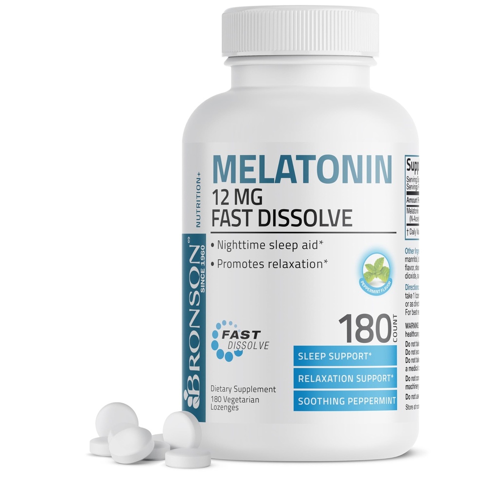 Bronson Μελατονίνη 12mg γρήγορης διάλυσης νυκτερινής βοήθειας ύπνου Υποστήριξη & χαλάρωσης Υποστήριξη, 180 μέντα χορτοφάγων Lozenges