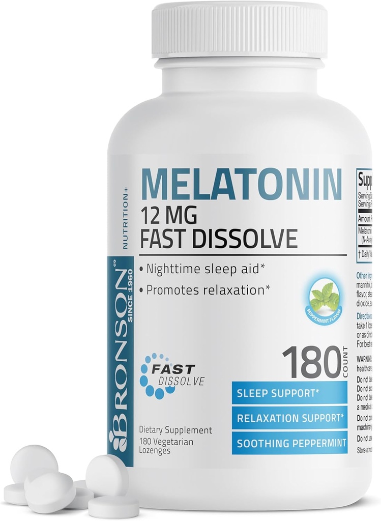 Bronson Melatonin 12mg Fast Dissolve Nighttime Sleep Aid Support & Relaxation Support, 180 Peppermint Vegetarian Lozenges