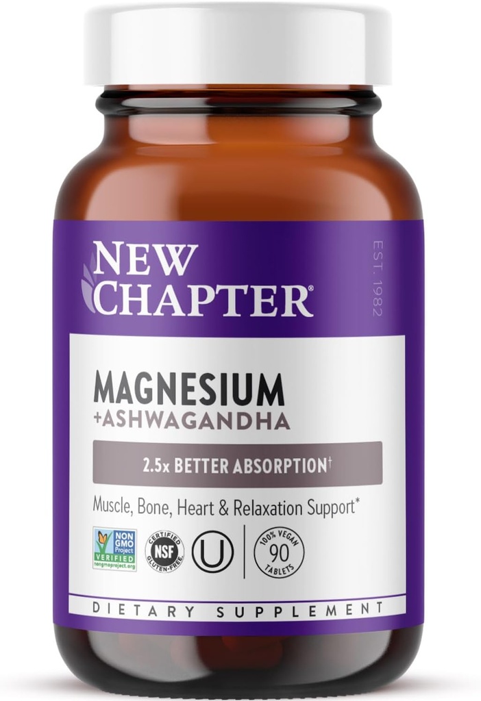 Νέο Κεφάλαιο Μαγνήσιο + Ashwagandha Συμπλήρωμα, 325 mg με Μαγνήσιο Γλυκινικό για τη Μυική Χαλάρωση & Ανάκτηση, Καρδιά, Νεύρο & Υγεία των οστών, 2.5X Απορρόφηση, Μη- ΓΤΟ - 90 ct (3 Μήνες Προσφορά)
