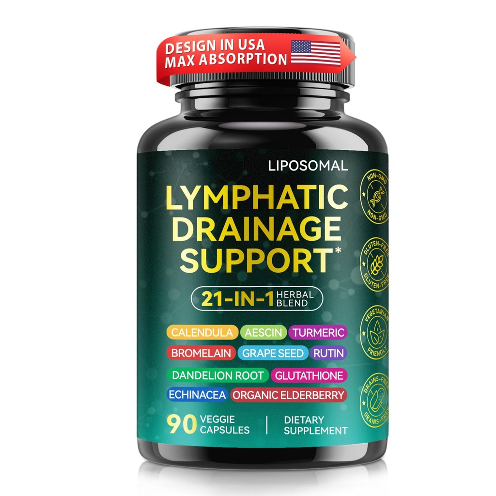 Lymphatic Drainage Supplements, Lymphatic Drainage Capsules Supplement - Wellness Complex Formula 21 in 1 - Aescia, Turmeric, Bromelain, Echinacea & More - Lymph System Support Capsule Easy Store