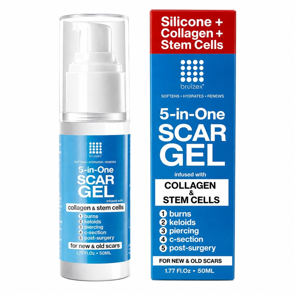 Bruizex 5-in-1 Scar Cream for Surgical Scars: Advance Silicone Gel with Collagen and Stem Cells, Keloid Scar Treatment, Removal of New and Old Scars, Piercing, Burns, C-section, After Surgery, 50g